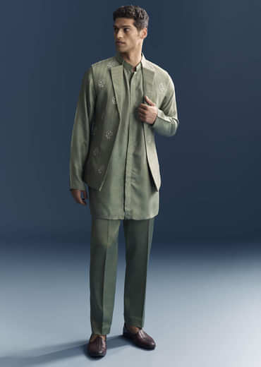 Green Kurta Jacket Set For Men With Hand Embroidery