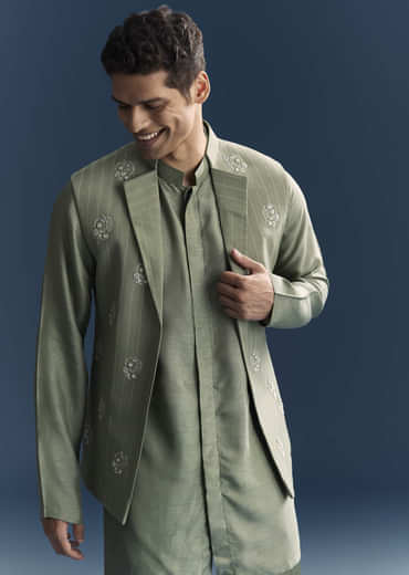Green Kurta Jacket Set For Men With Hand Embroidery