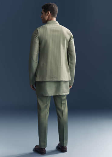 Green Kurta Jacket Set For Men With Hand Embroidery