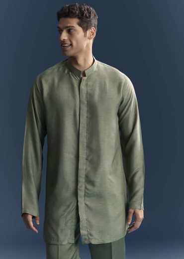 Green Kurta Jacket Set For Men With Hand Embroidery