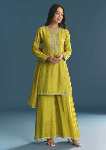Green Kurta Palazzo Set With Sequins Embroidery