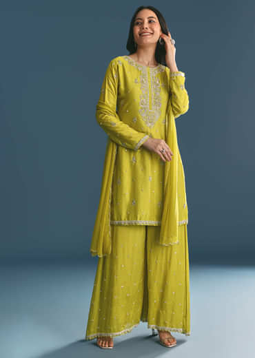 Green Kurta Palazzo Set With Sequins Embroidery