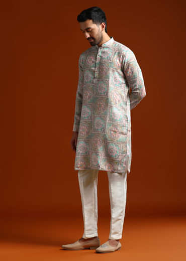 Green Kurta Set For Men With Kantha Work