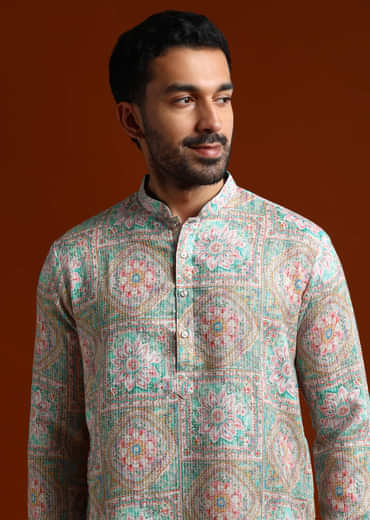 Green Kurta Set For Men With Kantha Work