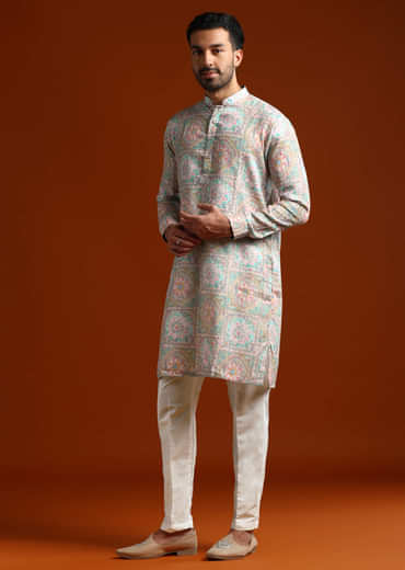 Green Kurta Set For Men With Kantha Work