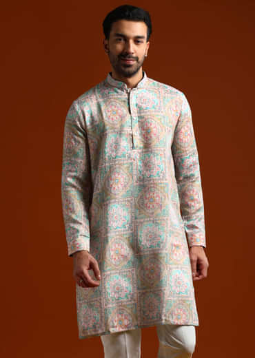 Green Kurta Set For Men With Kantha Work