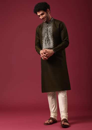 Green Kurta Set In Silk with Leather Work
