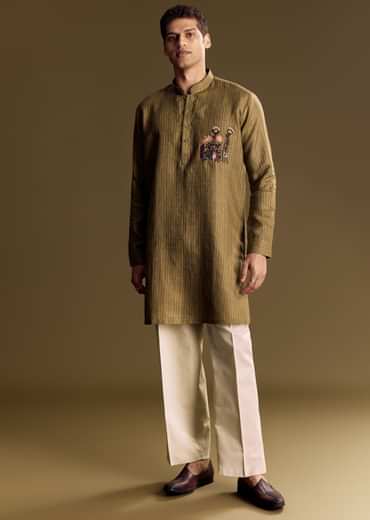 Green Linen Kurta Set With Hand Embroidered Detailing