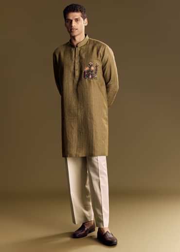 Green Linen Kurta Set With Hand Embroidered Detailing
