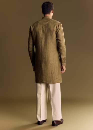 Green Linen Kurta Set With Hand Embroidered Detailing