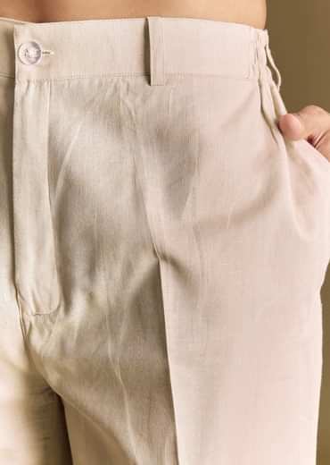 Green Linen Kurta Set With Hand Embroidered Detailing