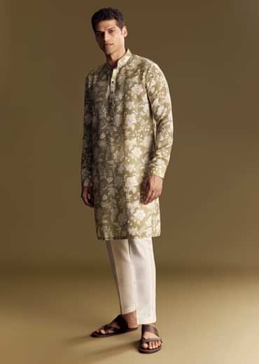 Green Linen Kurta Set With Kantha Embroidery