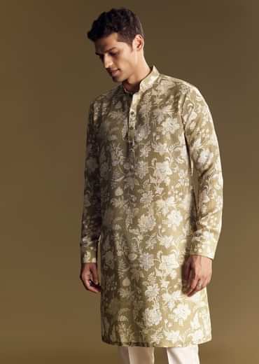 Green Linen Kurta Set With Kantha Embroidery