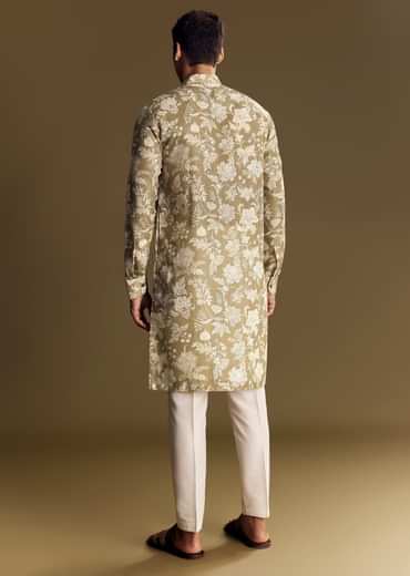 Green Linen Kurta Set With Kantha Embroidery