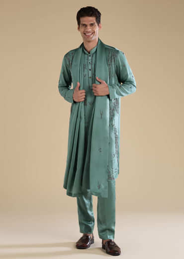 Green Linen Mens Kurta Set with Dupatta