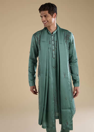 Green Linen Mens Kurta Set with Dupatta