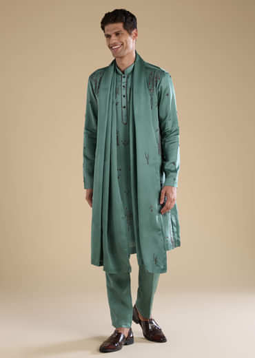 Green Linen Mens Kurta Set with Dupatta