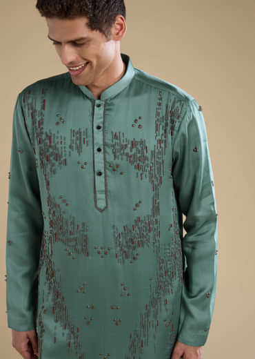 Green Linen Mens Kurta Set with Dupatta