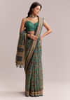 Green Linen Printed Saree With Heritage Ajrakh Work