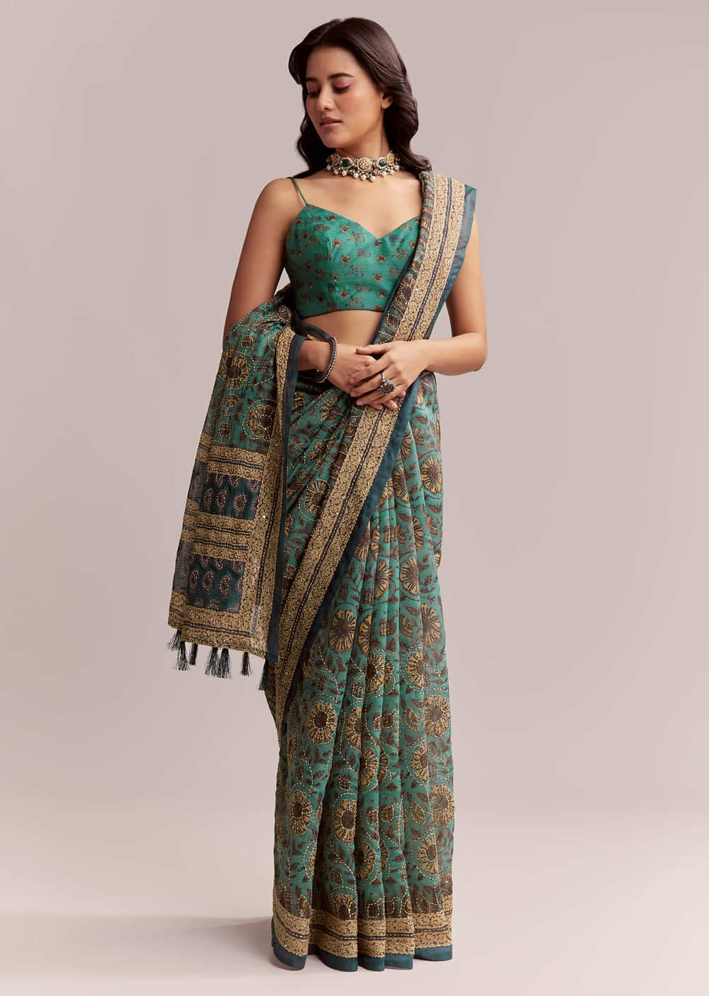 Green Linen Printed Saree With Heritage Ajrakh Work