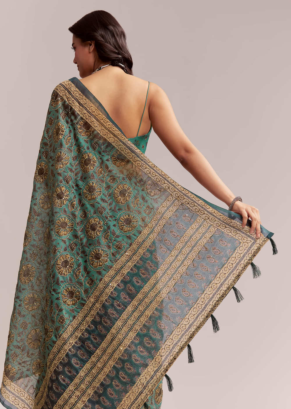 Green Linen Printed Saree With Heritage Ajrakh Work