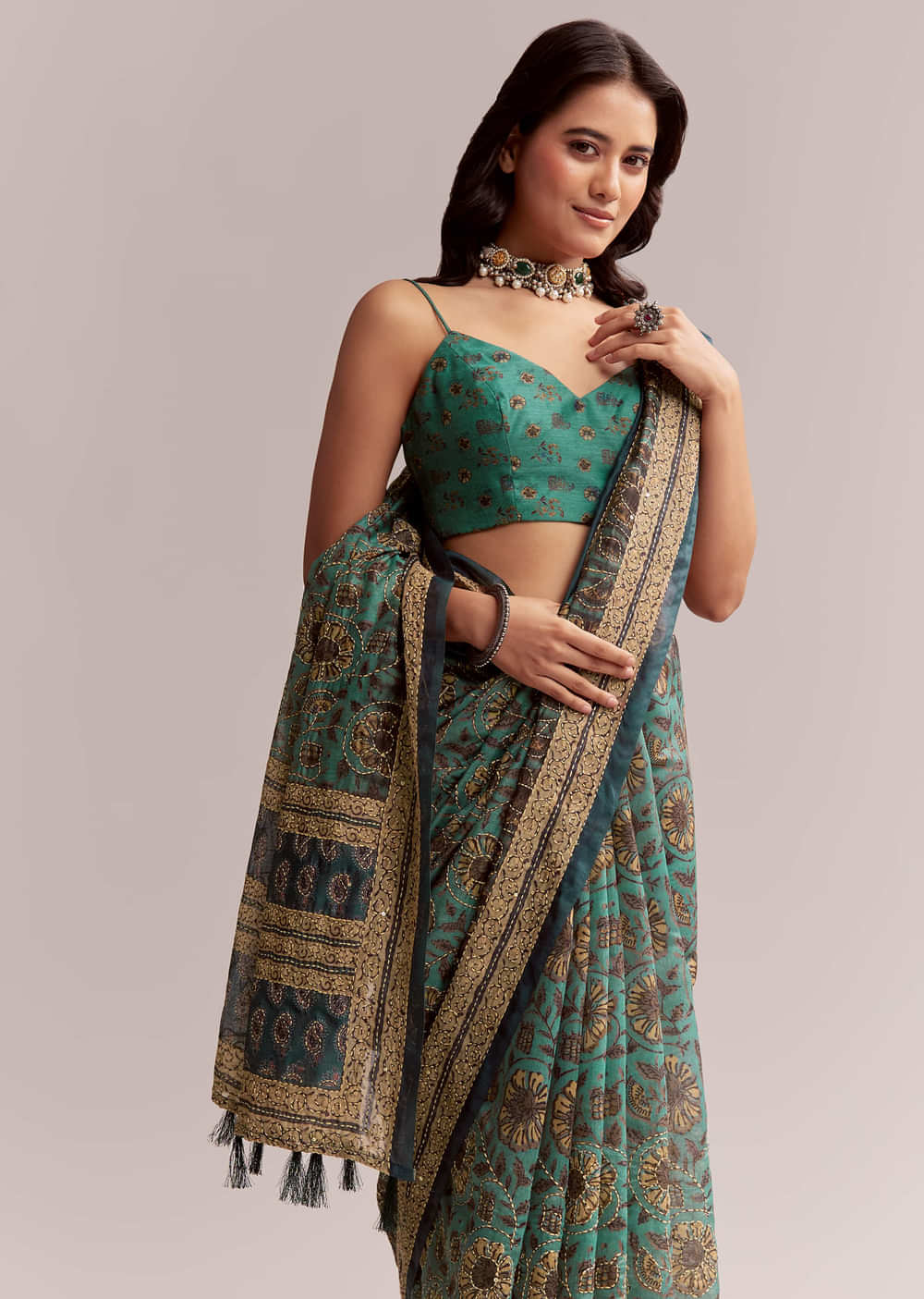 Green Linen Printed Saree With Heritage Ajrakh Work
