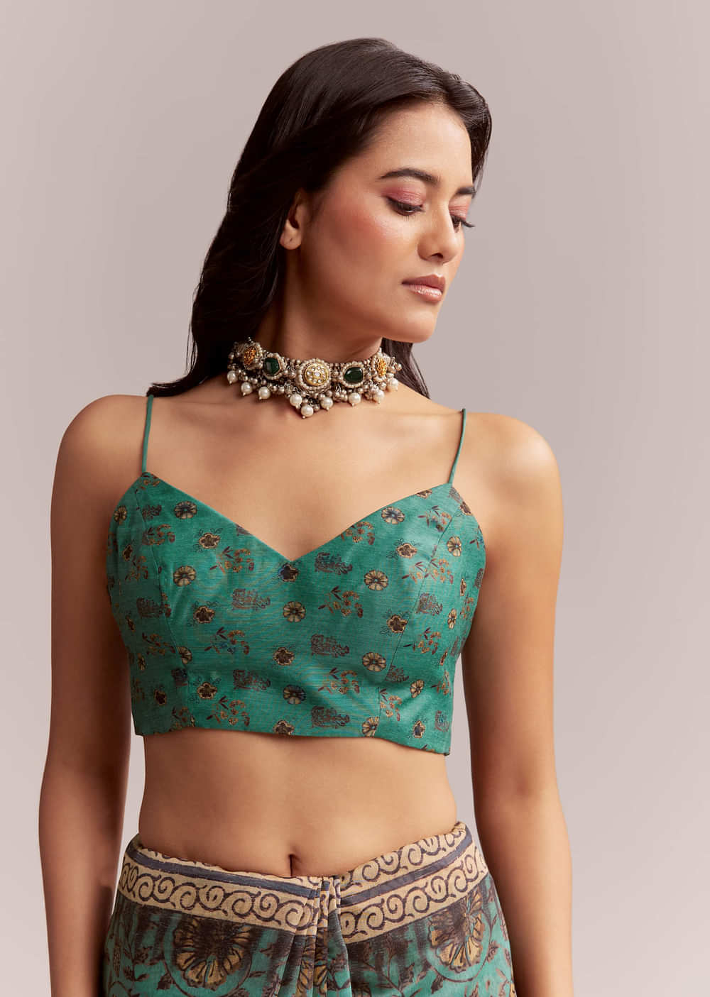 Green Linen Printed Saree With Heritage Ajrakh Work