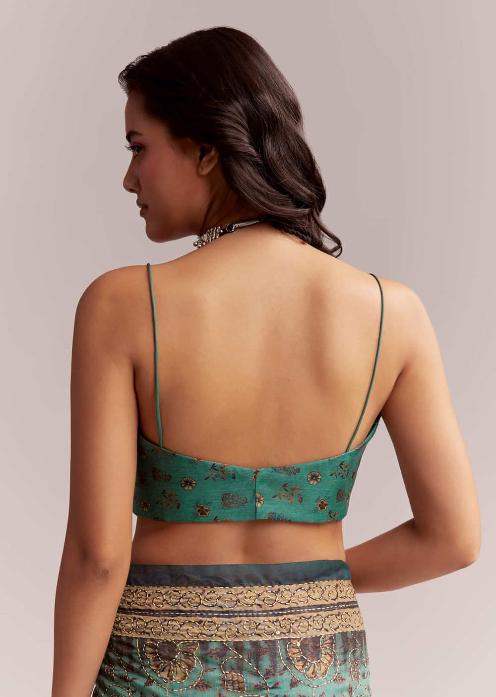 Green Linen Printed Saree With Heritage Ajrakh Work