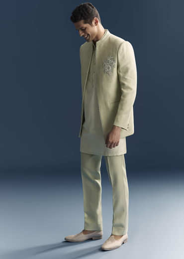 Green Matka Silk Jodhpuri Suit For Men With Hand Embroidery