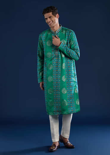 Green Mens Art Silk Printed Kurta Set