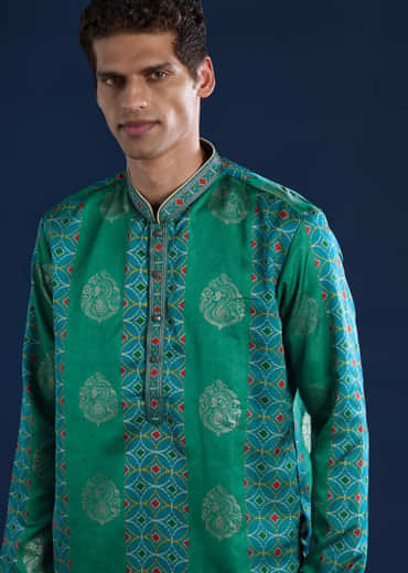 Green Mens Art Silk Printed Kurta Set