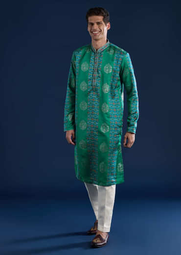 Green Mens Art Silk Printed Kurta Set