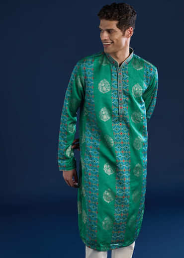 Green Mens Art Silk Printed Kurta Set