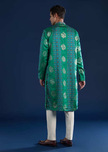 Green Mens Art Silk Printed Kurta Set