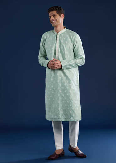 Green Mens Jacquard Self Work Kurta Set