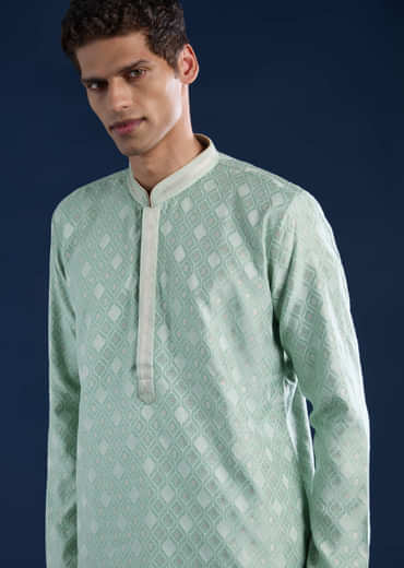 Green Mens Jacquard Self Work Kurta Set