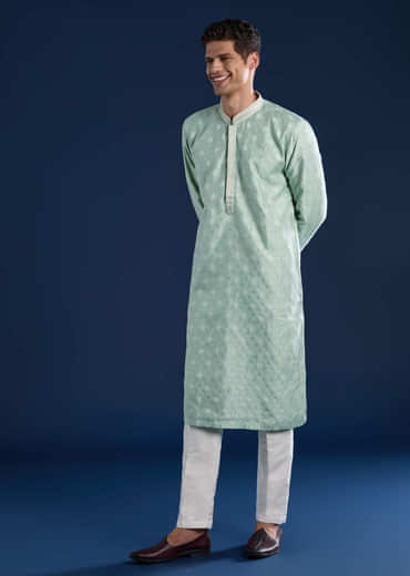 Green Mens Jacquard Self Work Kurta Set
