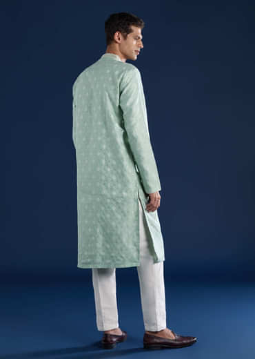 Green Mens Jacquard Self Work Kurta Set