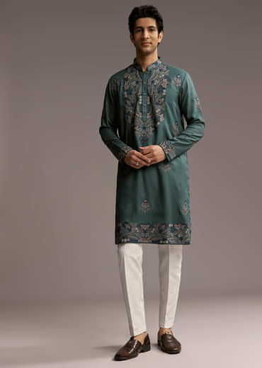 Green Modal Kurta Set For Men With Hand Embroidery