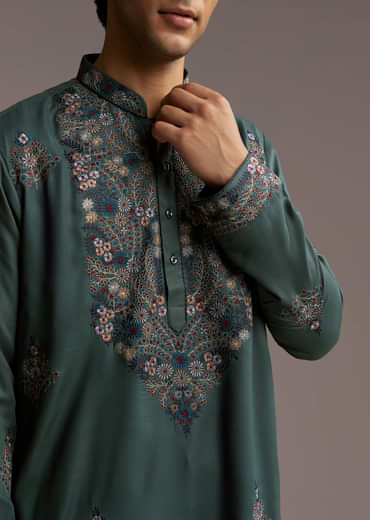 Green Modal Kurta Set For Men With Hand Embroidery