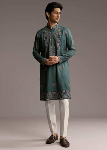 Green Modal Kurta Set For Men With Hand Embroidery