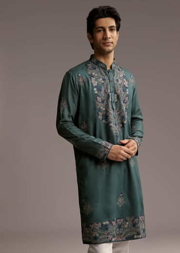Green Modal Kurta Set For Men With Hand Embroidery