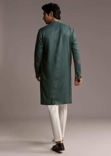 Green Modal Kurta Set For Men With Hand Embroidery
