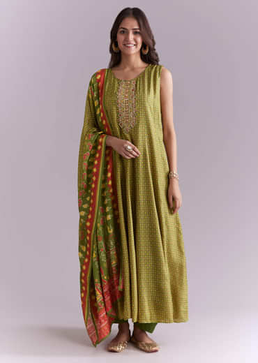 Green Muslin Anarkali Suit With Patola Style Print