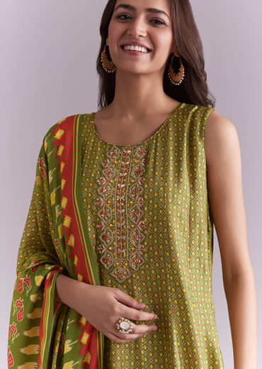 Green Muslin Anarkali Suit With Patola Style Print