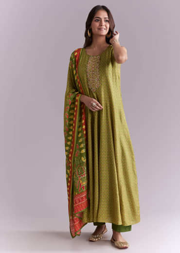 Green Muslin Anarkali Suit With Patola Style Print