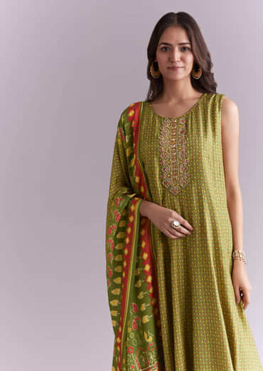 Green Muslin Anarkali Suit With Patola Style Print