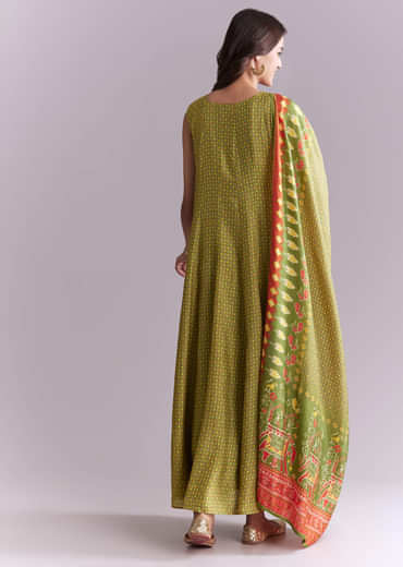 Green Muslin Anarkali Suit With Patola Style Print