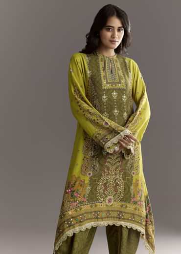 Green Muslin Floral And Bandhani Printed Asymmetrical Cut Kurta Dhoti