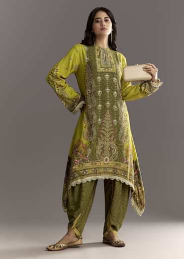 Green Muslin Floral And Bandhani Printed Asymmetrical Cut Kurta Dhoti